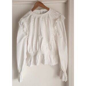 Topshop White Eyelet Ruffle Peplum Long Sleeve Blouse Top US 10 Romantic Peasant